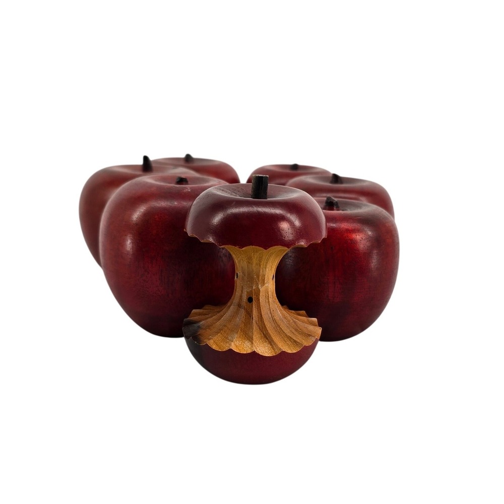 Vintage Hand Carved Wooden Apple Set 7 Piece Red Faux Fruit Decor with Core